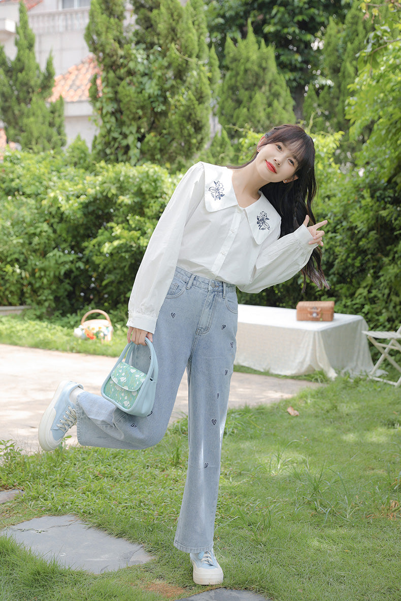 Doodle Hearts Embroidered Jeans (Light Denim)