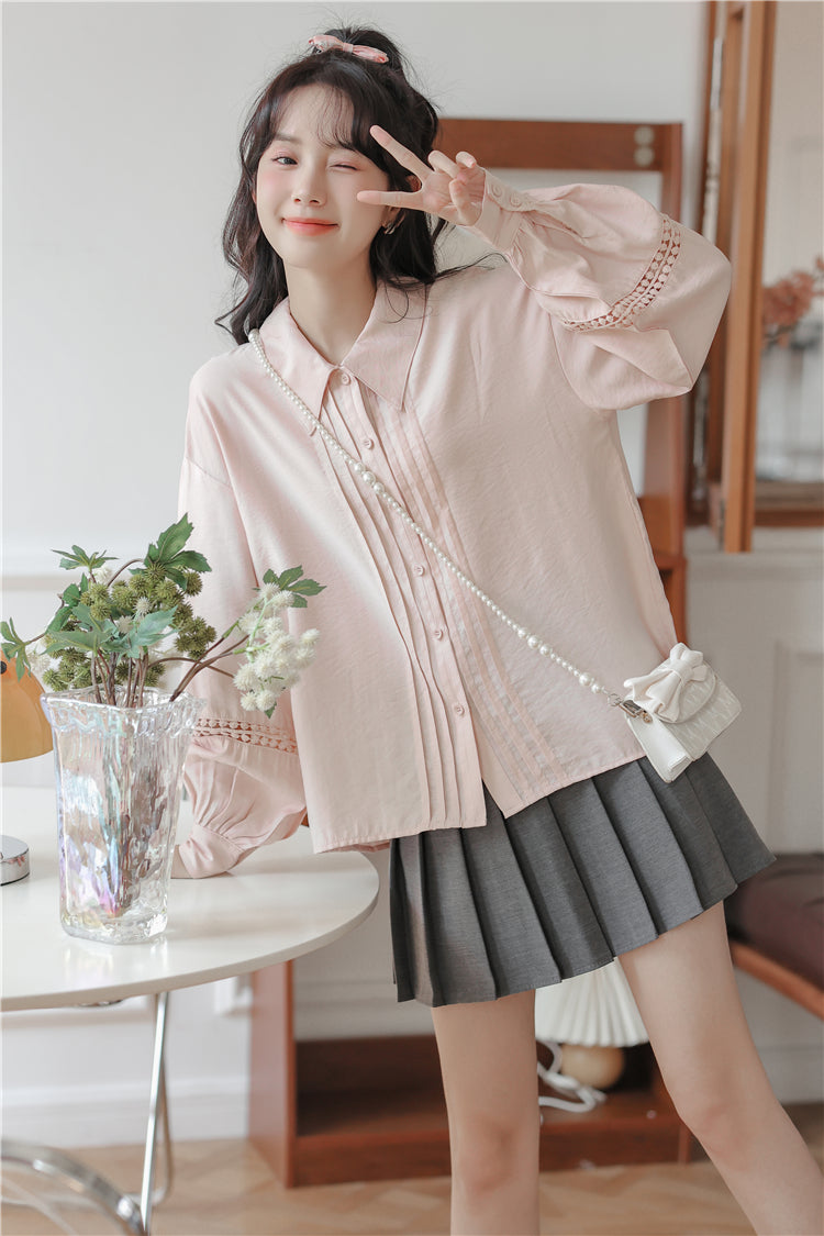 Pintuck Puff Sleeve Blouse (Pink)