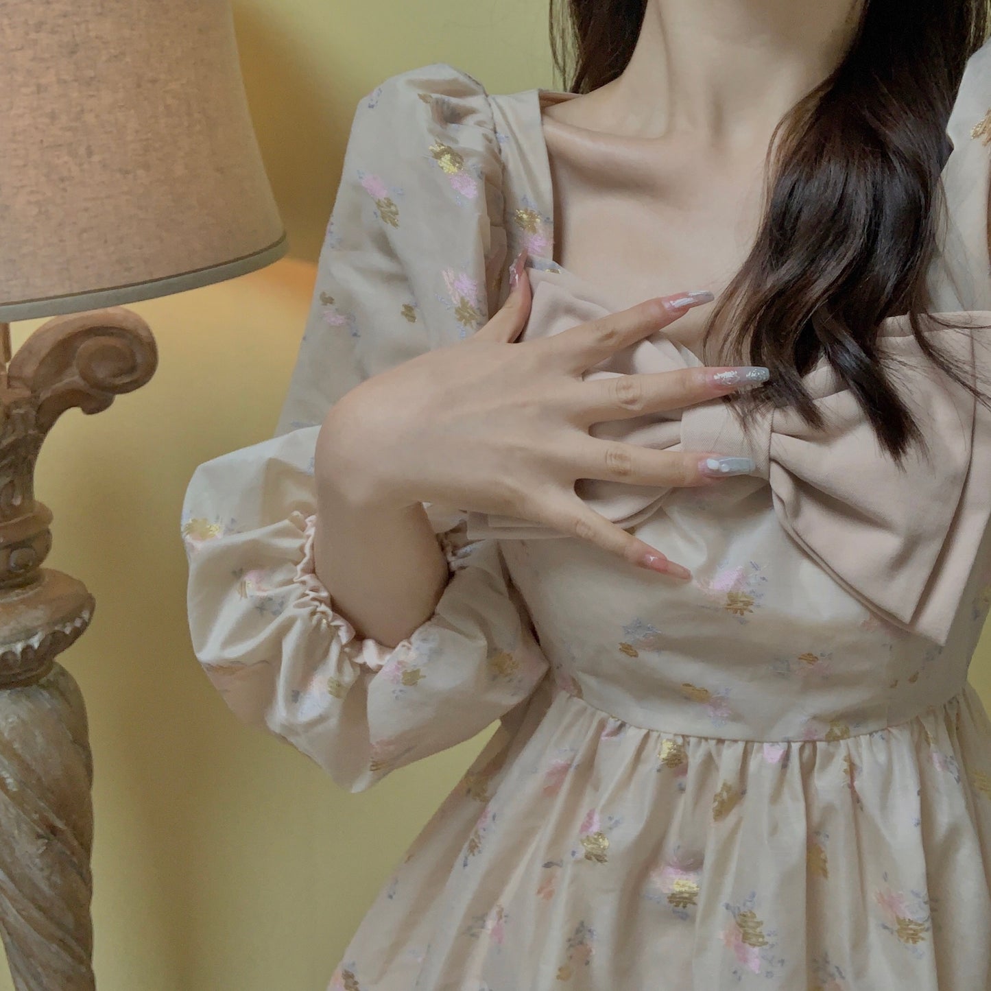 Puff Sleeve Bow Floral Jacquard Dress (Beige)