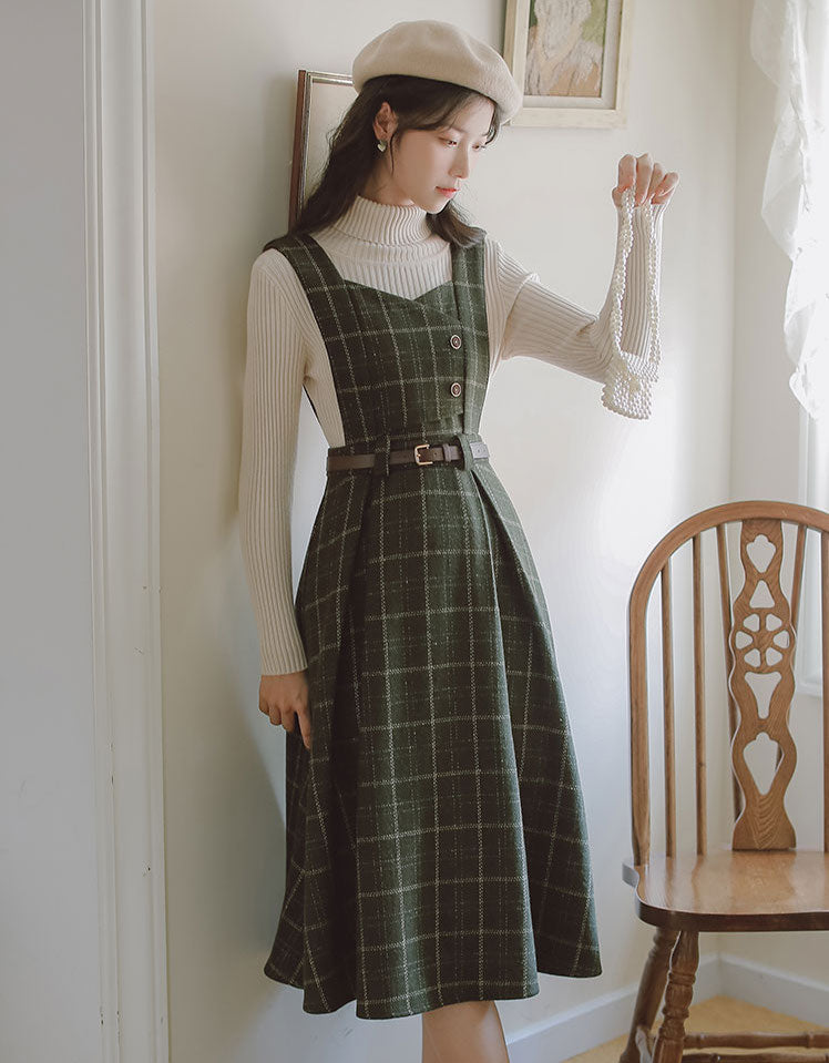 Plaid Pinafore Midi Dress (3 Colors)