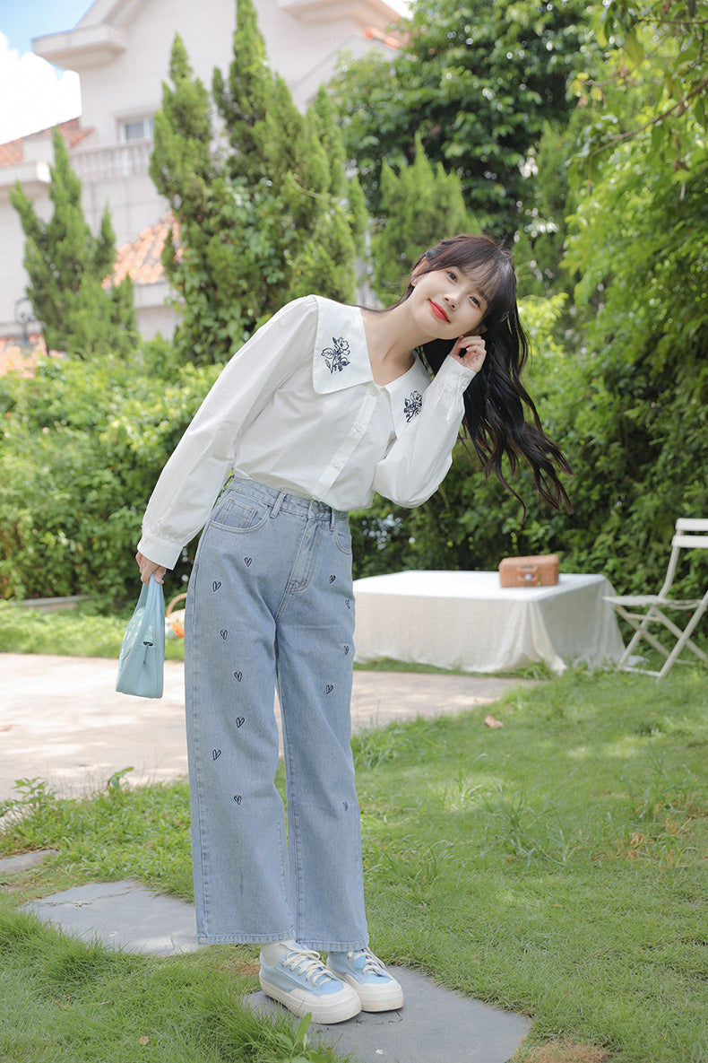 Doodle Hearts Embroidered Jeans (Light Denim)