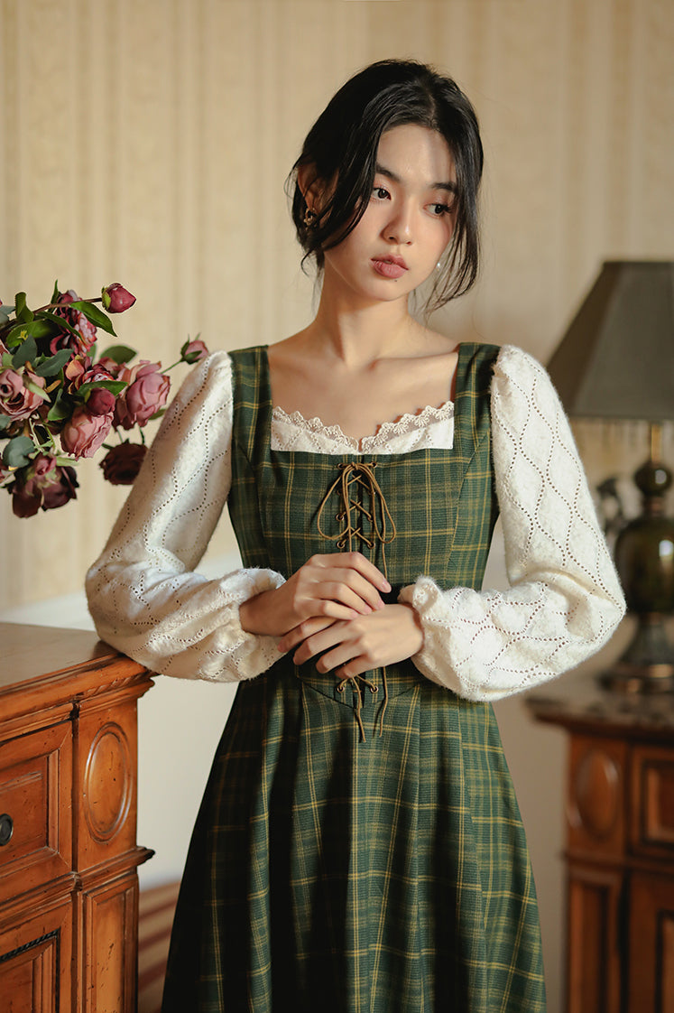 Rustic Plaid Lace Up Corset Midi Dress (Green)