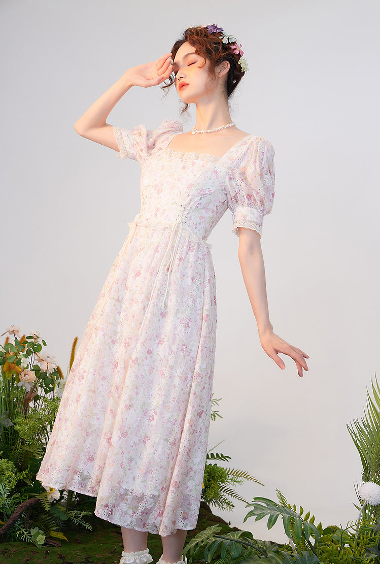 Flower Blossom Lace Up Midi Dress (2 Colors)