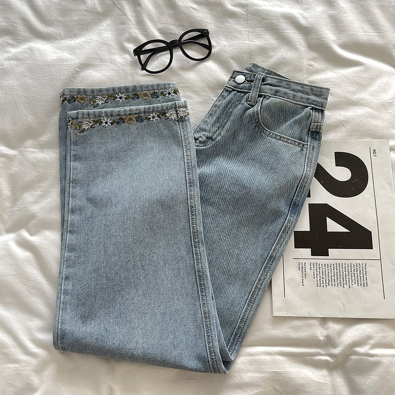 Flower Hem Embroidered Jeans (Acid Wash)