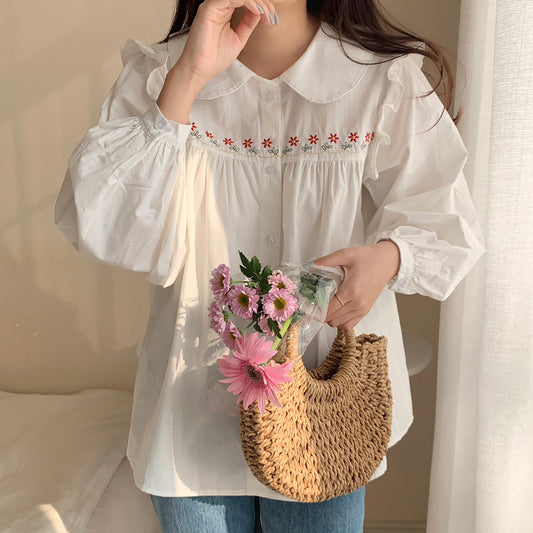 Daisy Chain Embroidered Button Up Shirt (White)