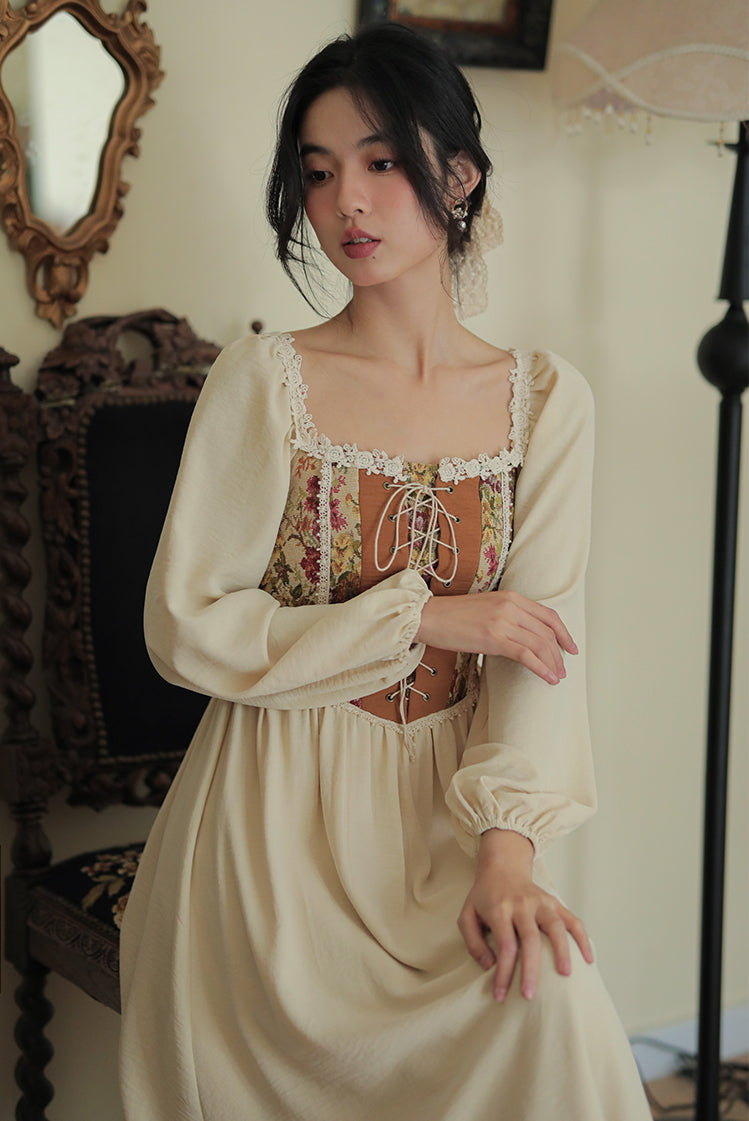 Rustic Rose Lace Up Corset Midi Dress (Pink/Cream)