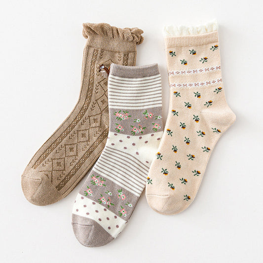 Squirrel Floral Sock Set (Khaki/Brown)