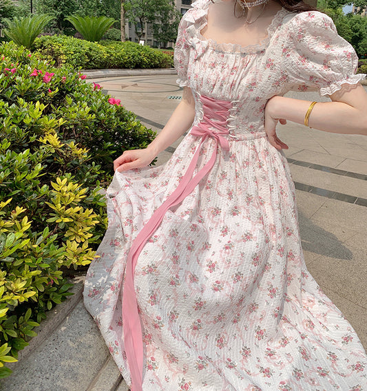 Spring Fling Lace Up Floral Dress (White/Pink)