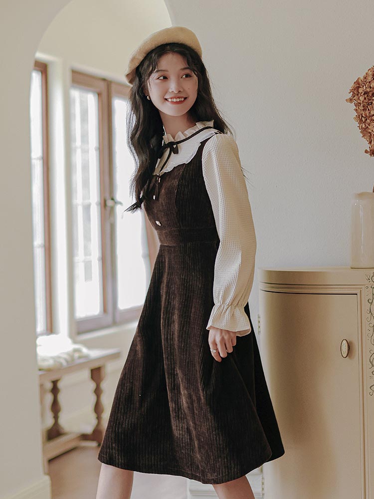 Frilly High Neck Corduroy Sweater Dress (2 Colors)