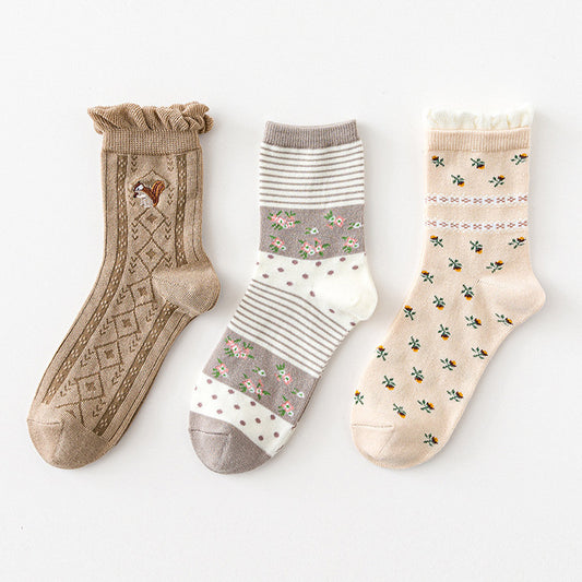 Squirrel Floral Sock Set (Khaki/Brown)