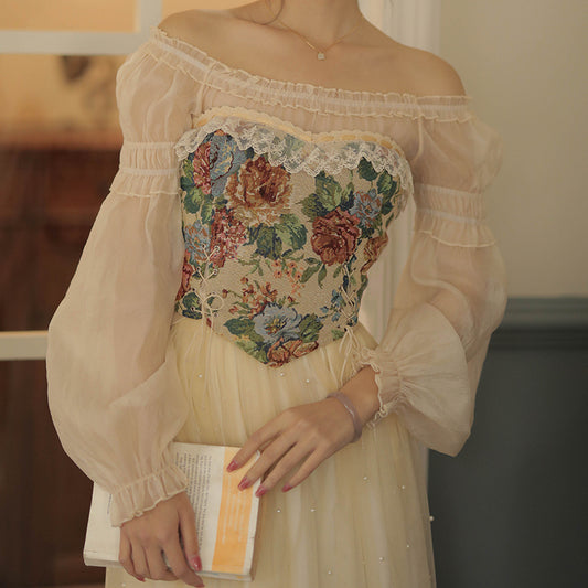 Rustic Floral Jacquard Corset (Beige)