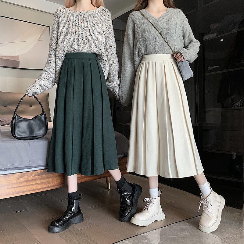 Corduroy Suede Pleated Midi Skirt (6 Colors)