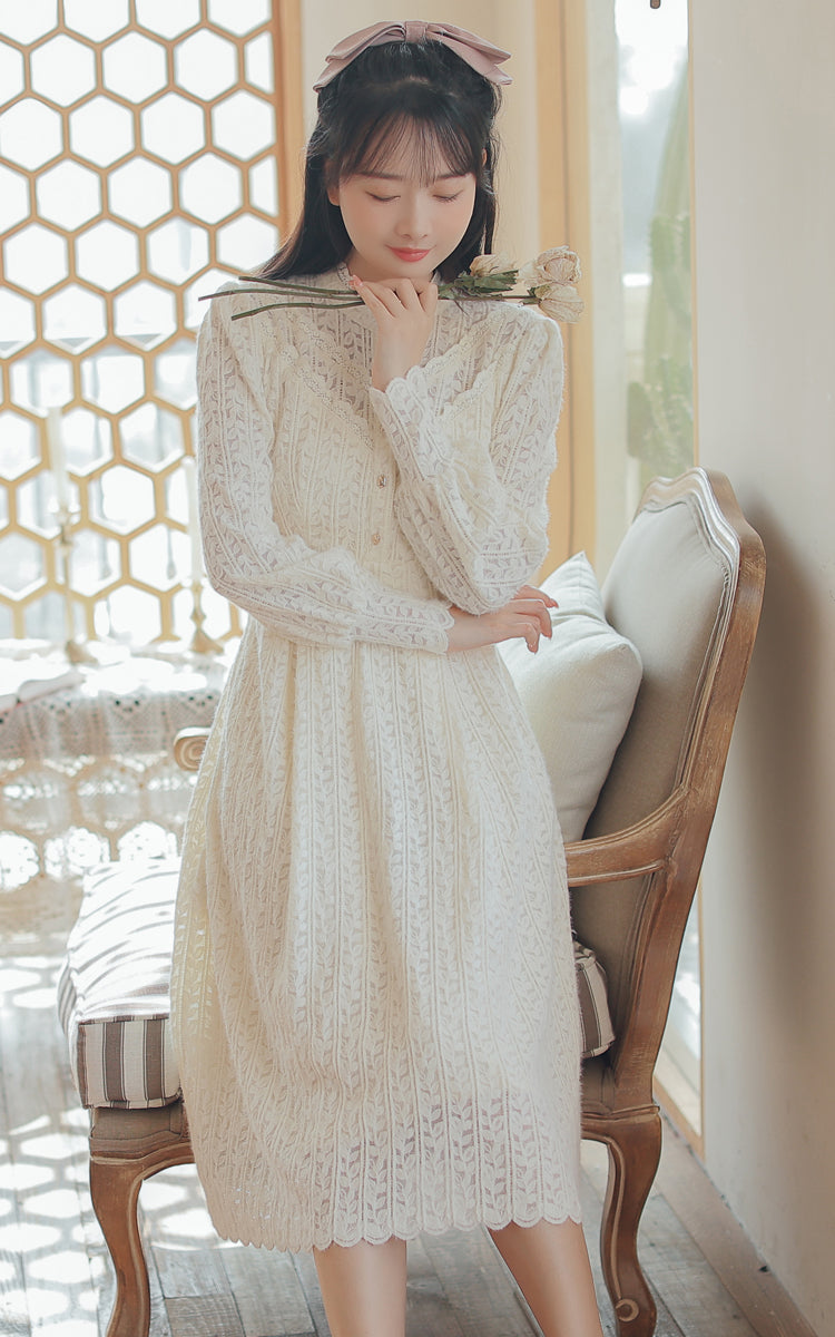Lace & Vines Midi Dress (White)