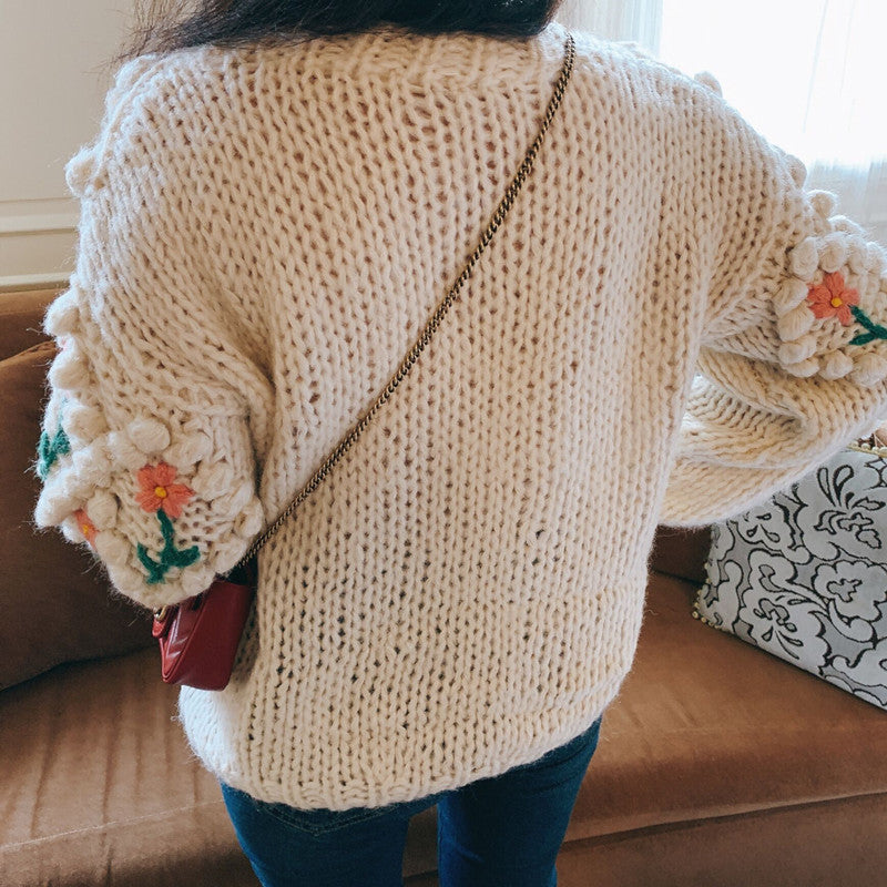 Pom Pom Floral Chunky Cardigan (Cream)