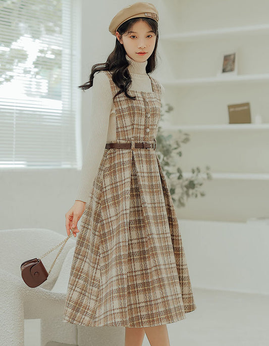 Latte Plaid Pinafore Dress (Khaki)
