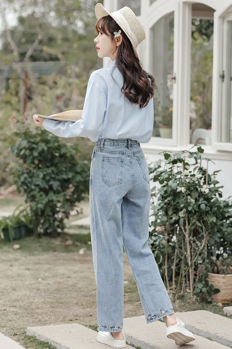 Flower Hem Embroidered Jeans (Acid Wash)