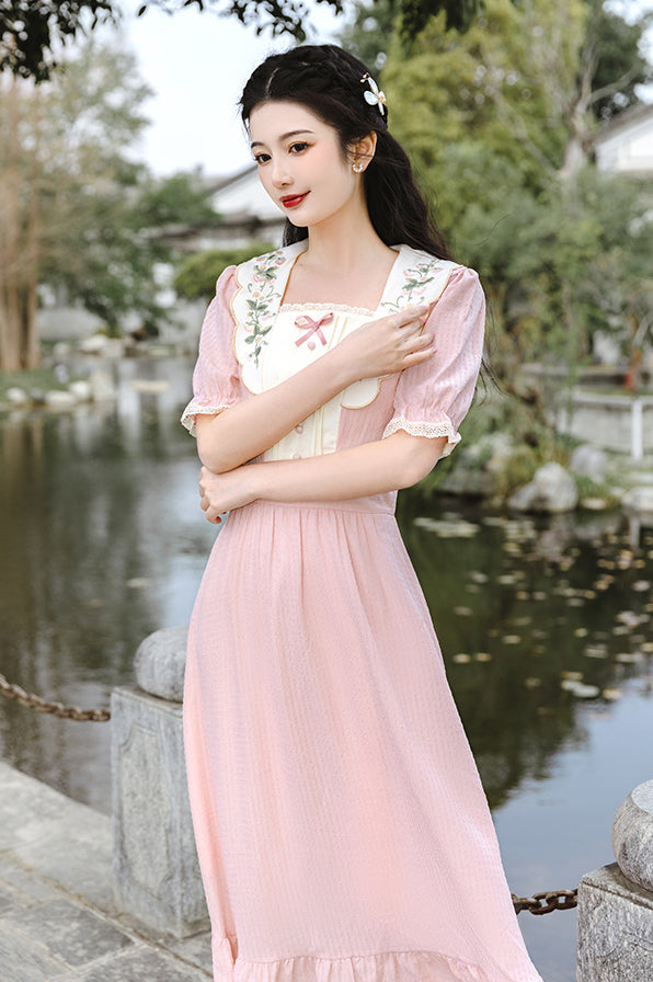 Sweet Floral Embroidered Midi Dress (Pink)
