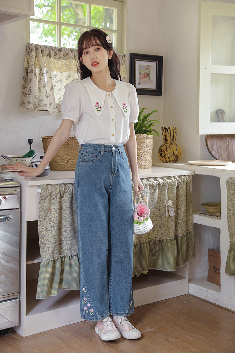 Tulip Tips Embroidered Jeans (2 Colors)