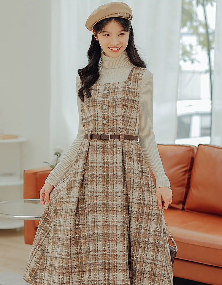 Latte Plaid Pinafore Dress (Khaki)
