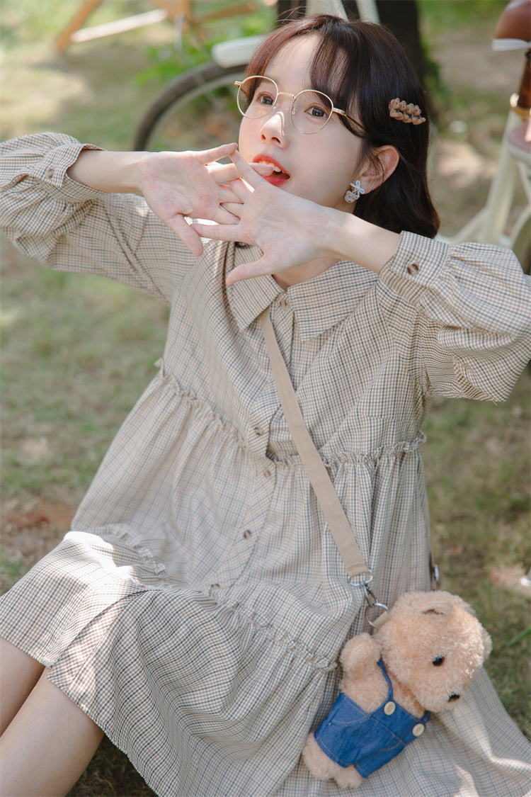 Curiosity Plaid Shirt Dress (Khaki)