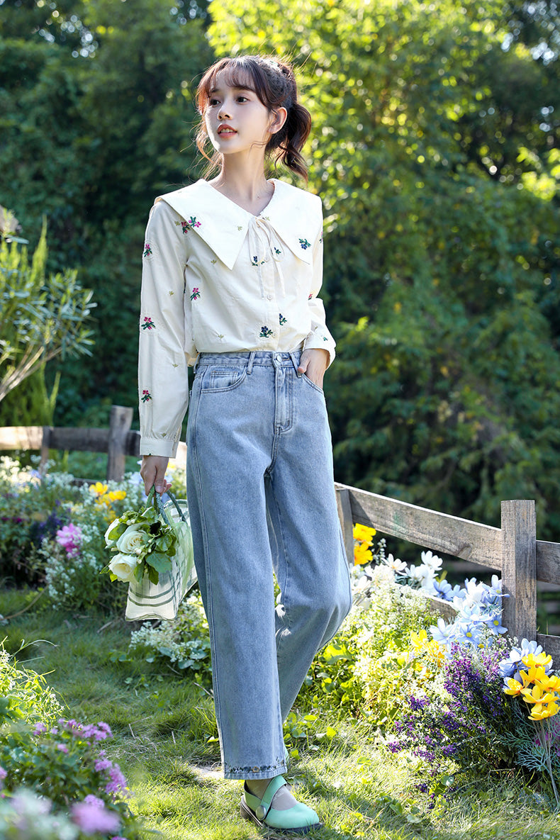 Flower Hem Embroidered Jeans (Acid Wash)