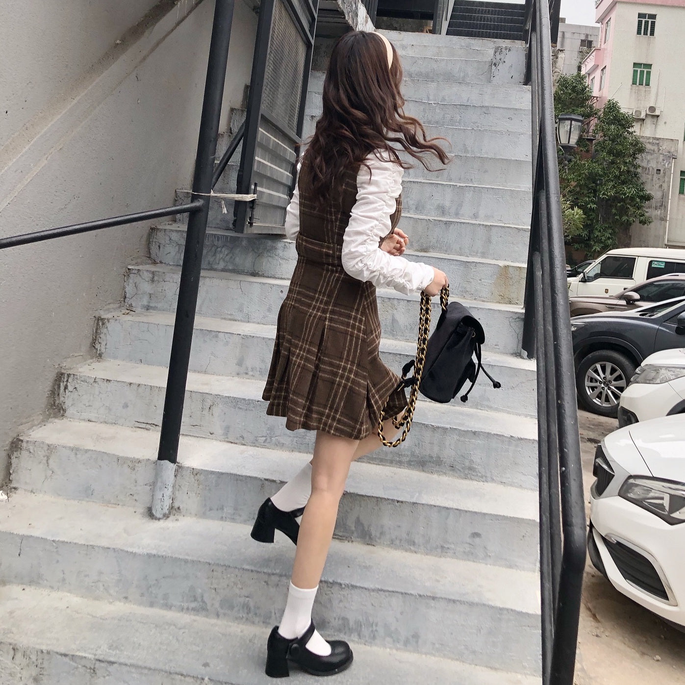 Coffee Plaid Pinafore Dress / Blouse (Brown)