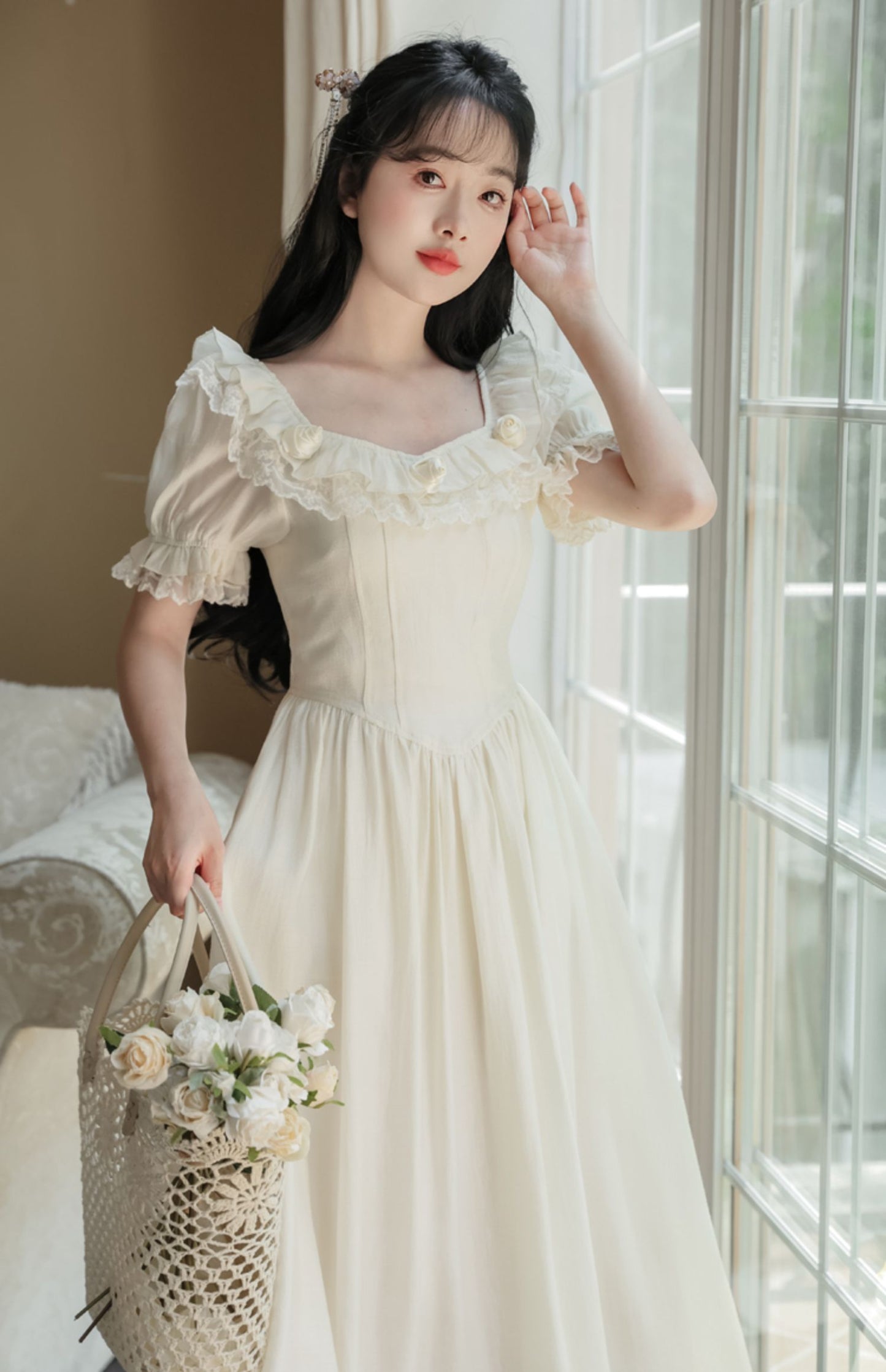 Blanc Rose Midi Dress (Cream)