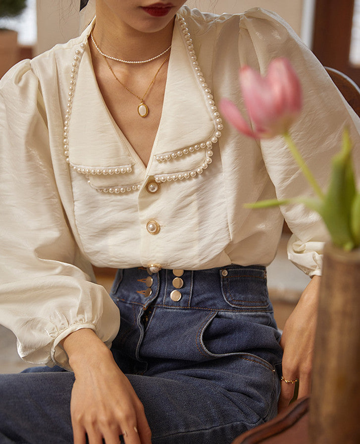 Pearl Collar Satin Blouse (White)