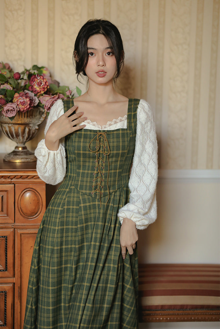 Rustic Plaid Lace Up Corset Midi Dress (Green)