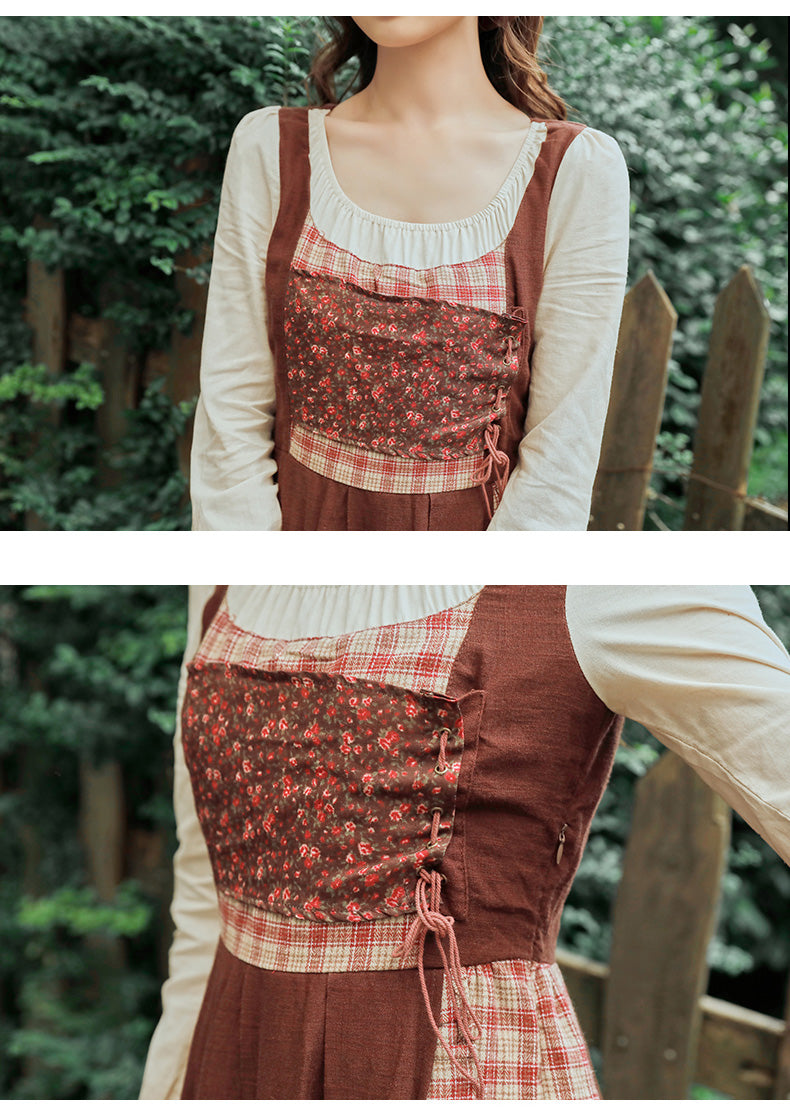 Patchwork Village Dress (Brown/Red)