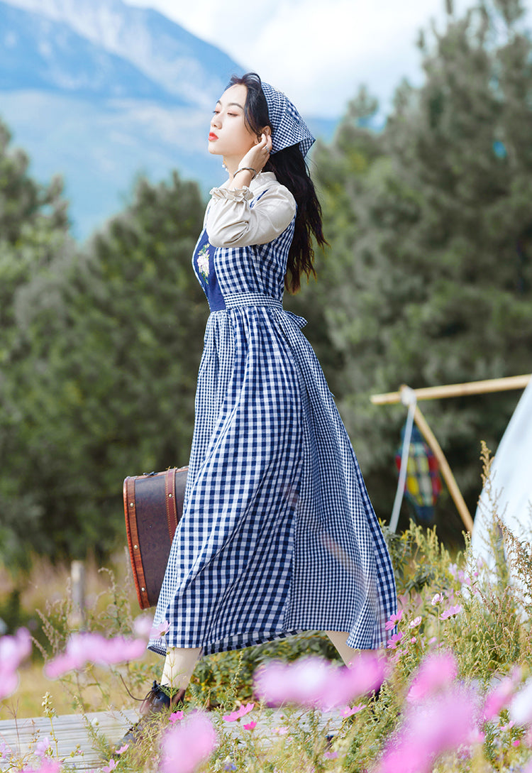 Gingham Pastures Twofer Midi Dress (Blue/White)