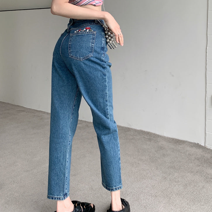 Mushroom Embroidered Mom Jeans (2 Colors)