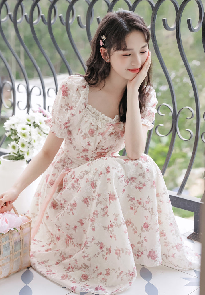 Cherry Blossom Lace Up Dress (White/Pink)