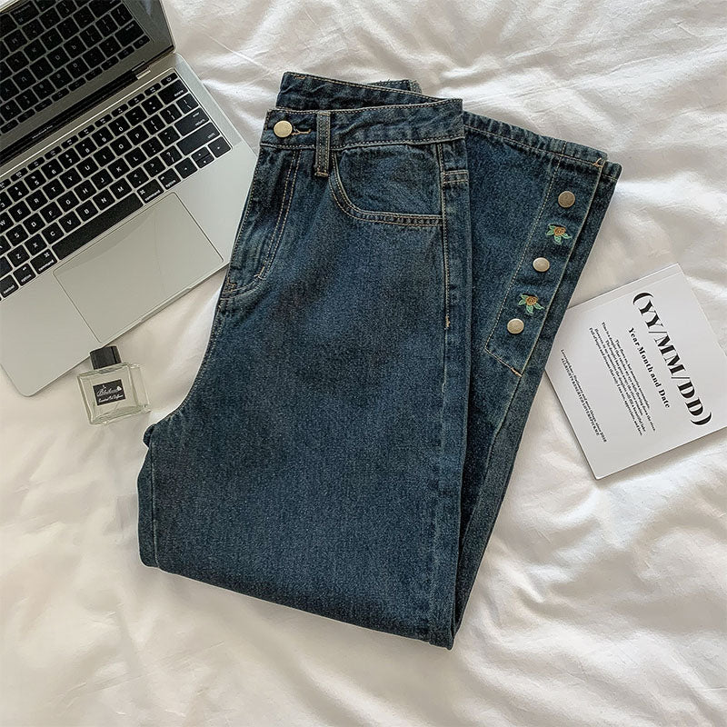 Rose Button Embroidered Jeans (Dark Denim)
