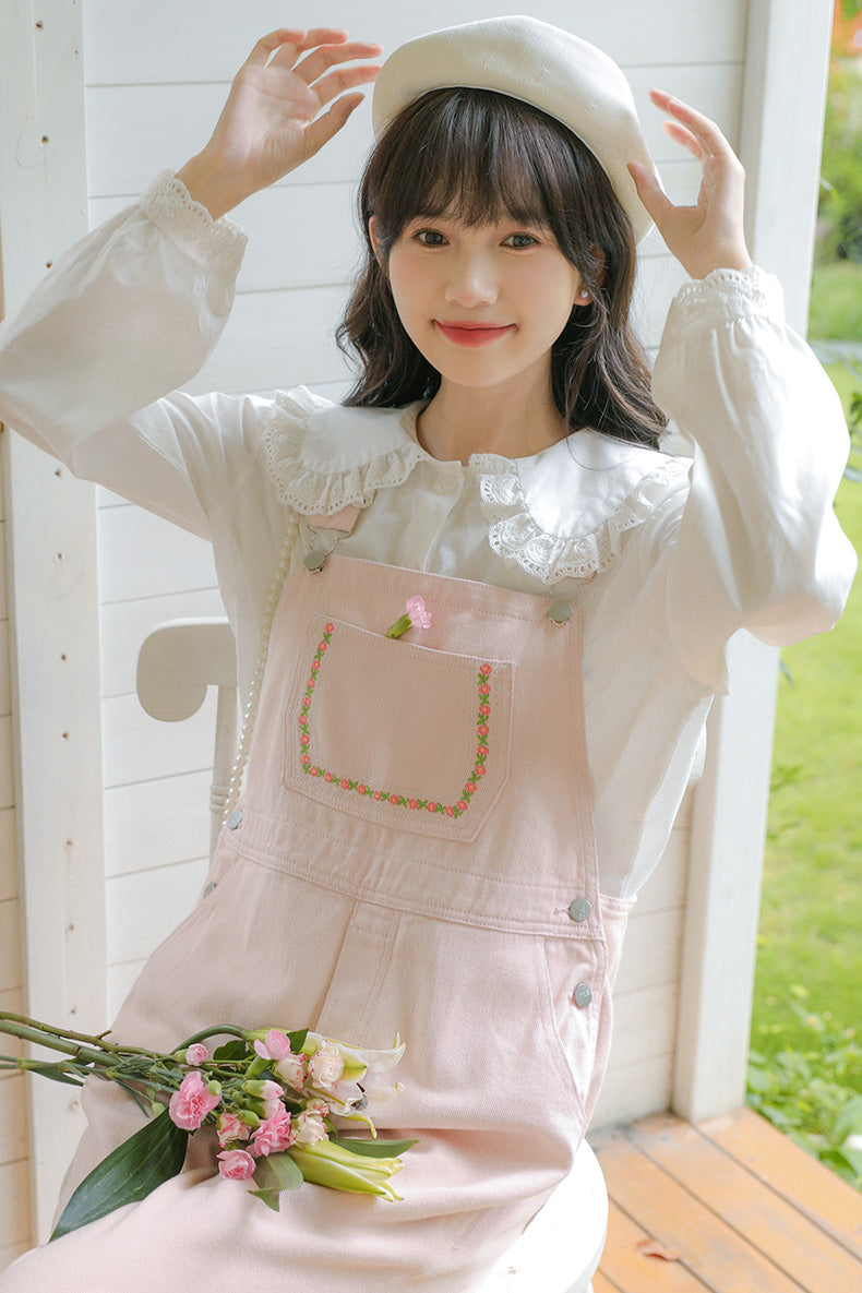 Daisy Chain Embroidered Denim Overalls (Pink)