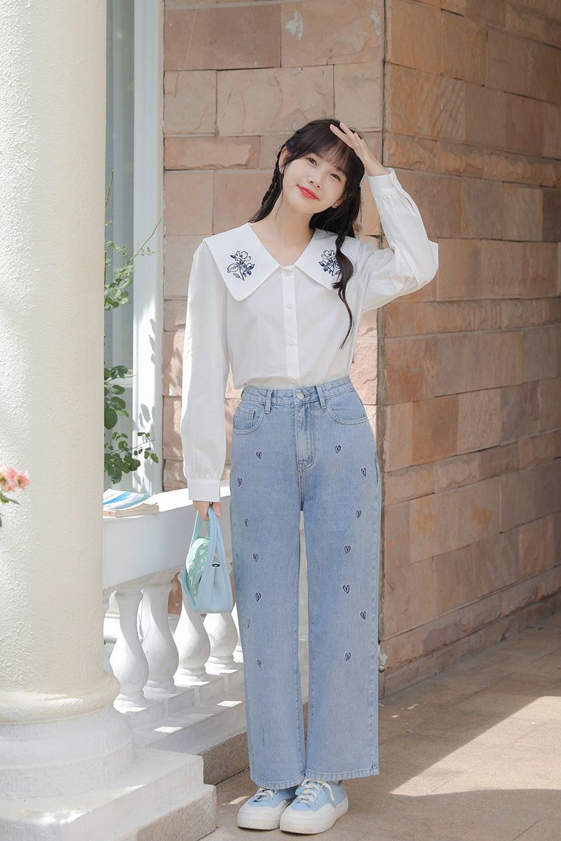 Doodle Hearts Embroidered Jeans (Light Denim)