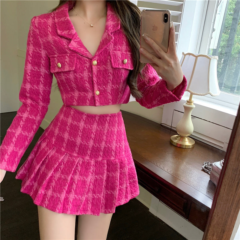 Tweed Plaid Blazer Skirt Set (Hot Pink)