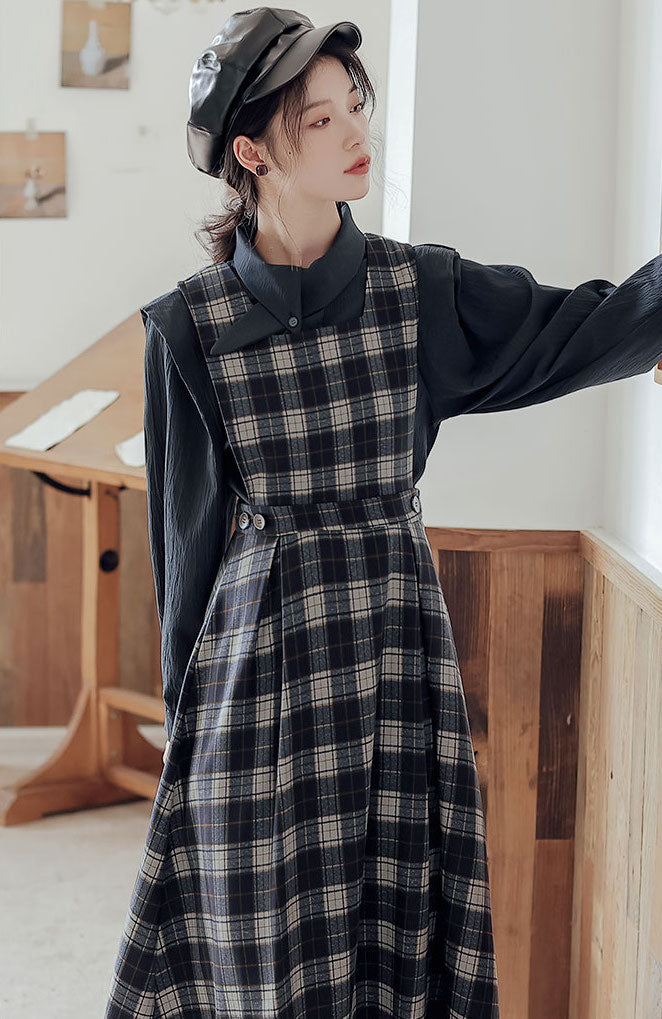 Crepe Plaid Pinafore Dress Set (2 Colors)