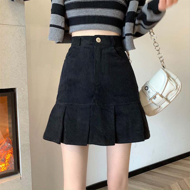 Corduroy Mermaid Pleated Skirt (2 Colors)