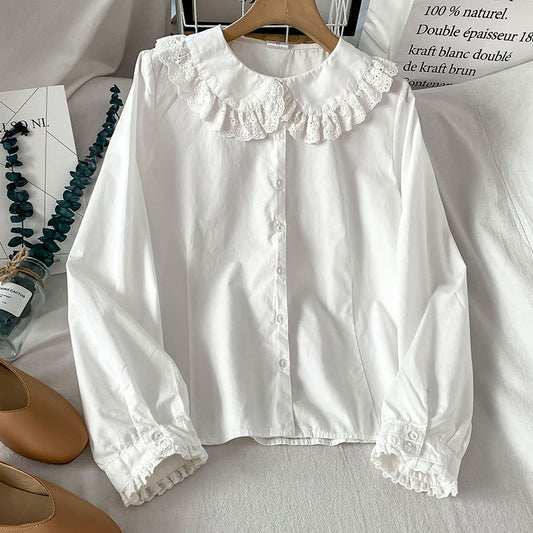 Eyelet Peter Pan Collar Button Up Shirt (White)