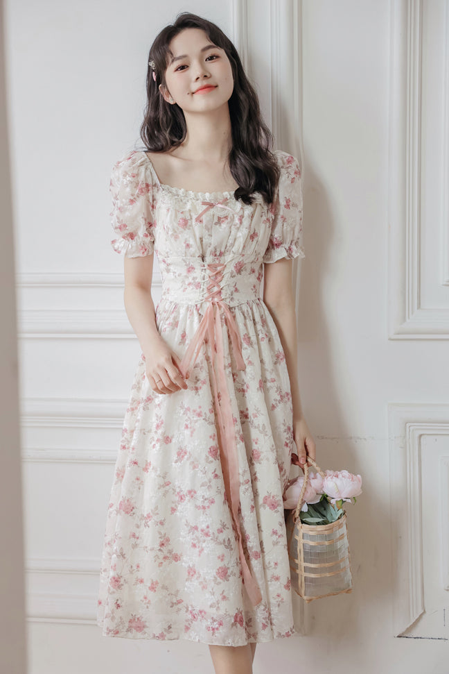 Cherry Blossom Lace Up Dress (White/Pink)
