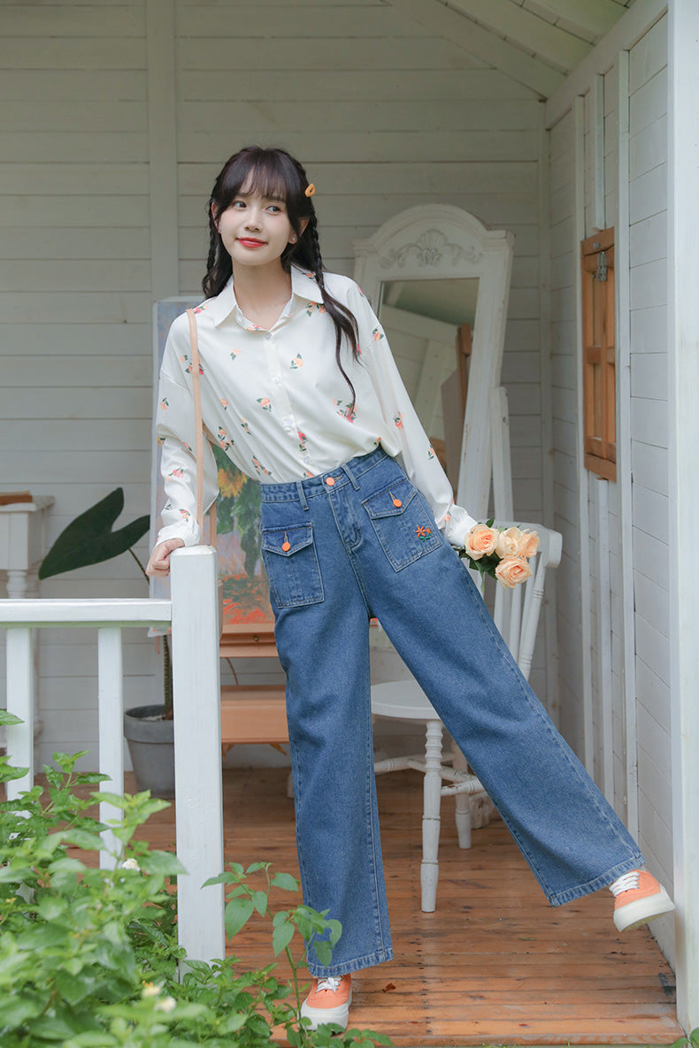 Embroidered Button Pocket Jeans (Medium Denim)