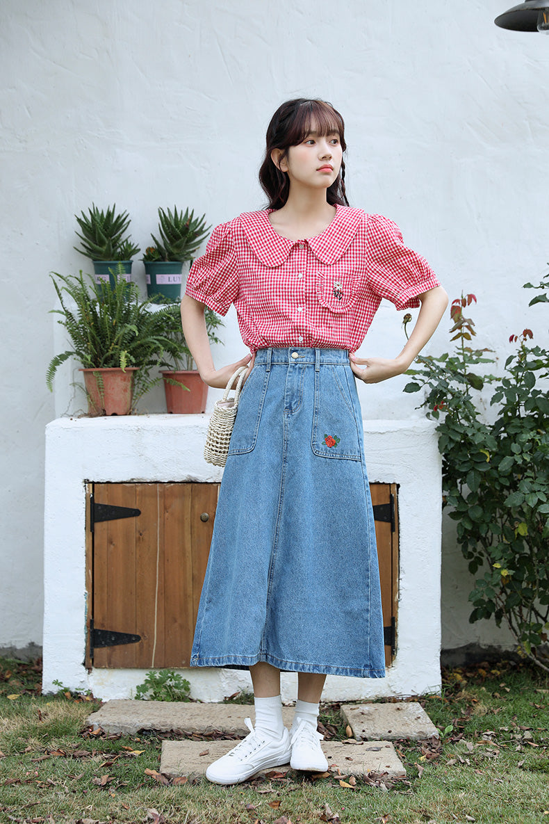 Daisy Pocket Gingham Blouse (Red)