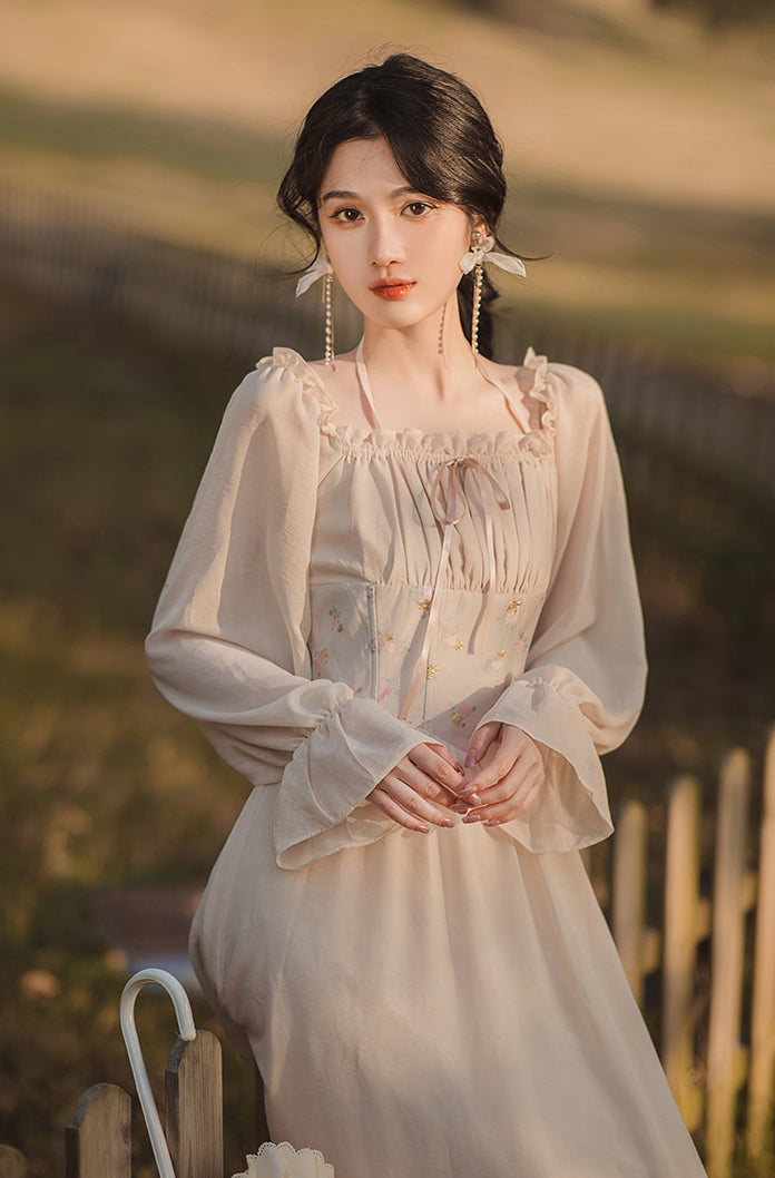 Sweet Floral Jacquard Corset Dress (Beige)