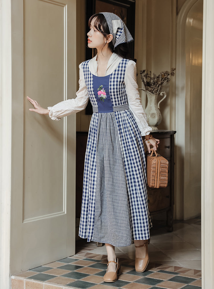Gingham Pastures Twofer Midi Dress (Blue/White)