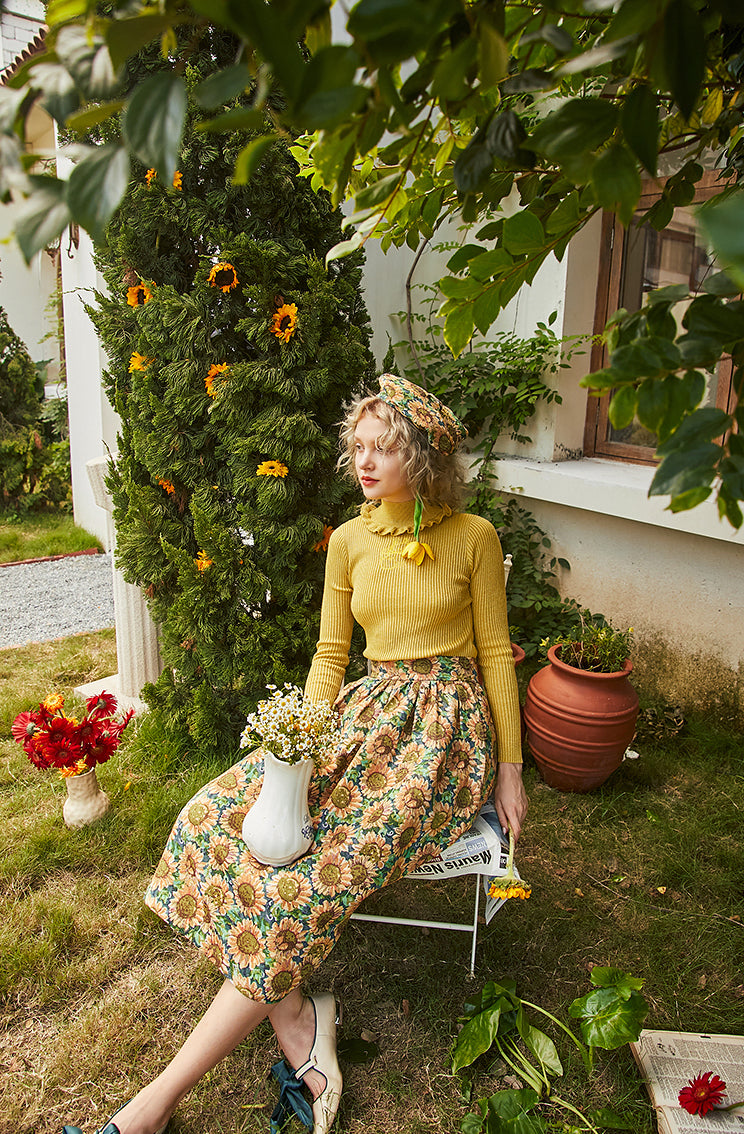 Sunflower Jacquard Midi Skirt (Blue/Yellow)