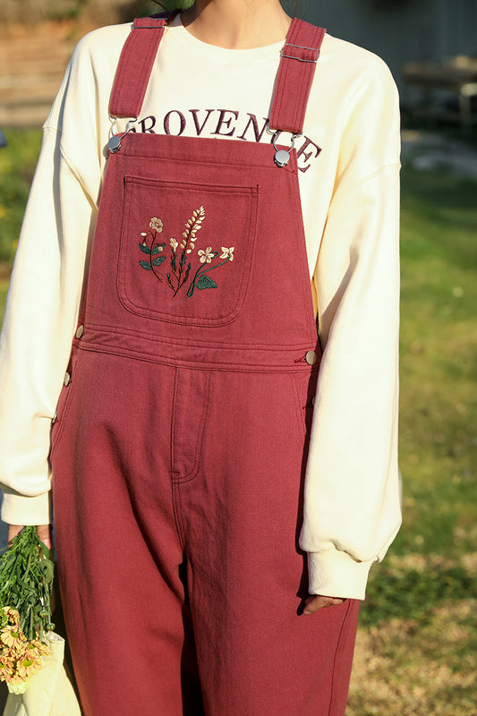 Wildflower Embroidered Overalls (Berry)