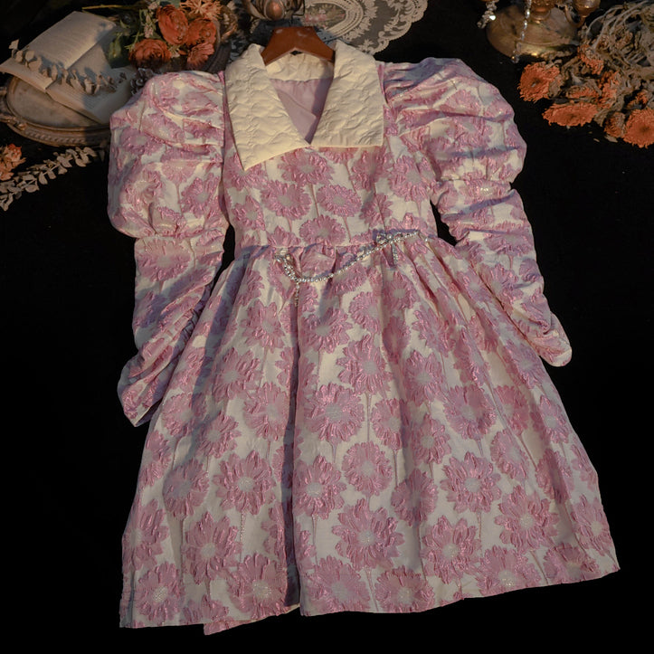 Puff Sleeve Daisy Jacquard Dress (Pink)