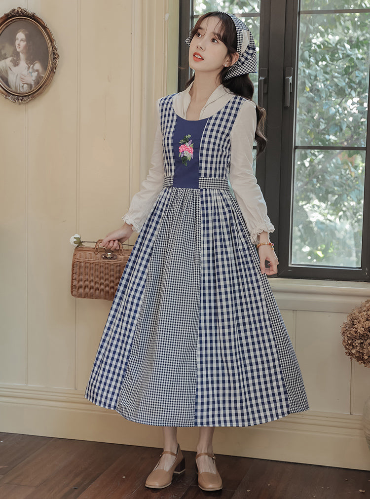 Gingham Pastures Twofer Midi Dress (Blue/White)