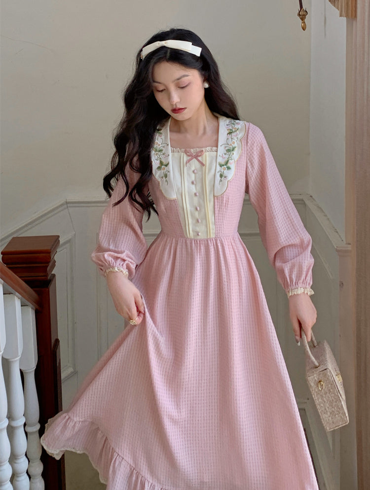 Sweet Floral Embroidered Midi Dress (Pink)